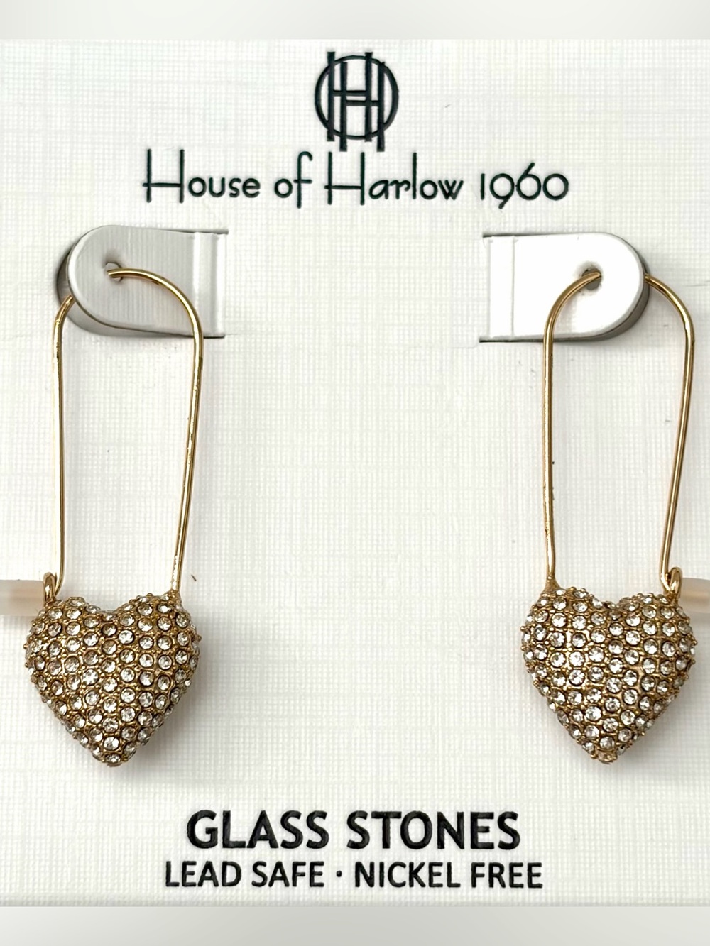 House of Harlow 1960 Crystal Heart Safety Pin Drop Earrings NWT